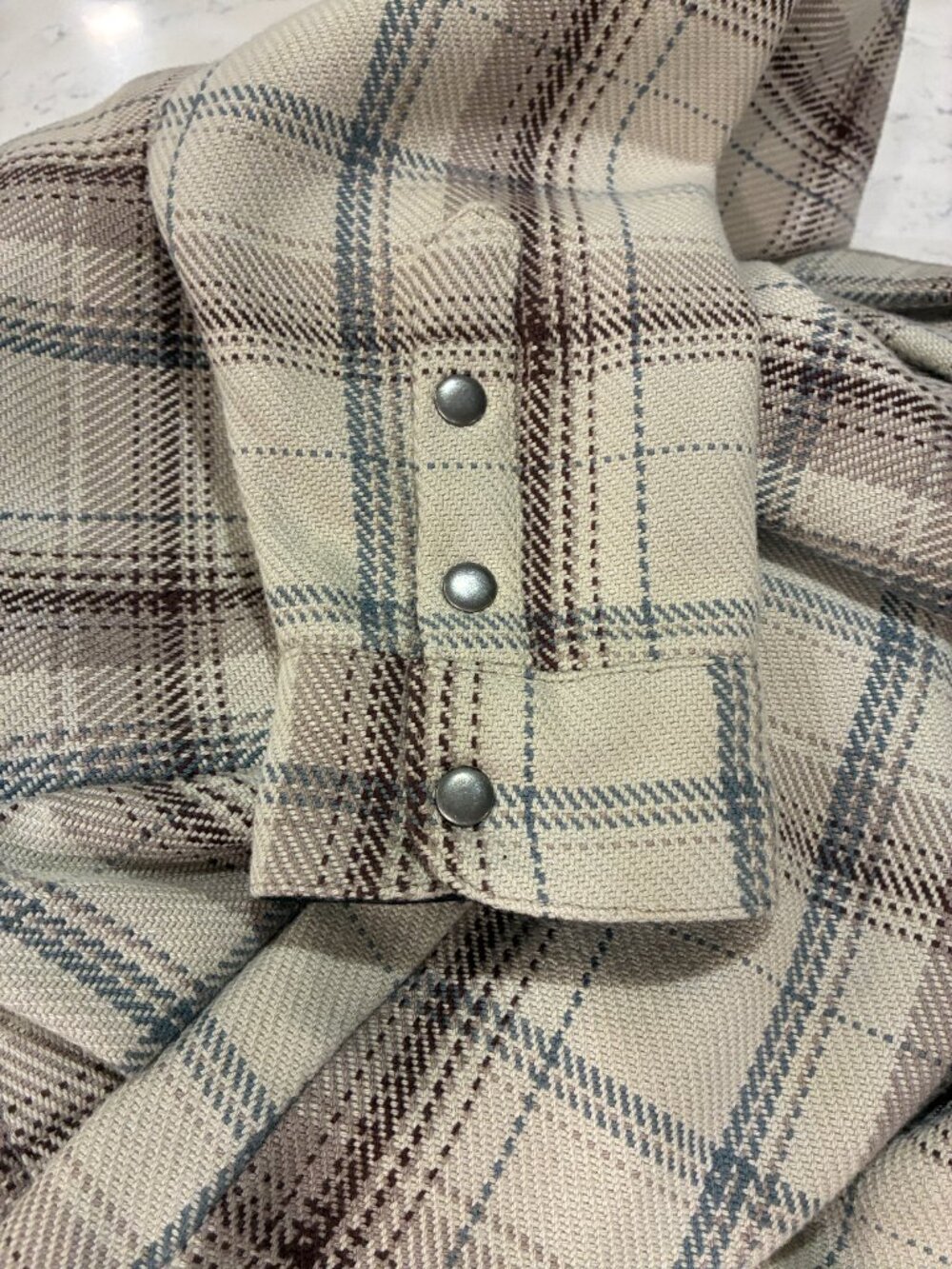 KUHL Kleo Taupe/Brown/Blue Plaid Twill Long Sleeve Hooded Shacket Women M NEW - Picture 8 of 15